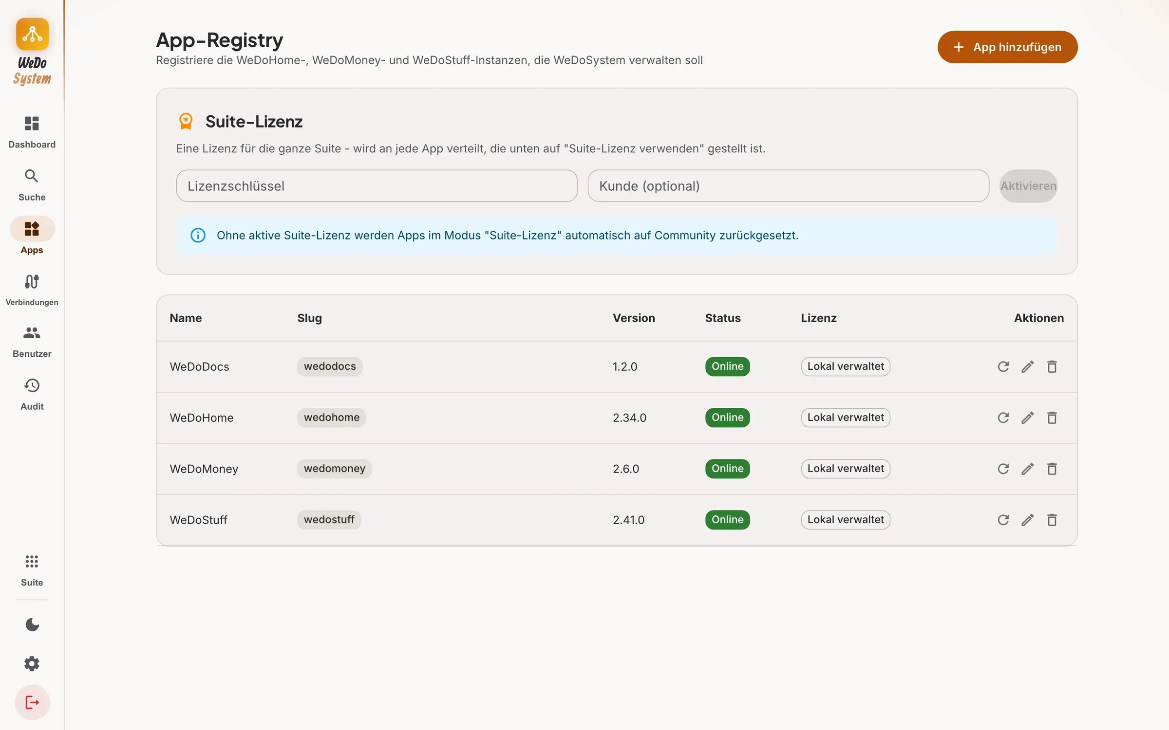 App-Verwaltung mit Suite-Lizenz