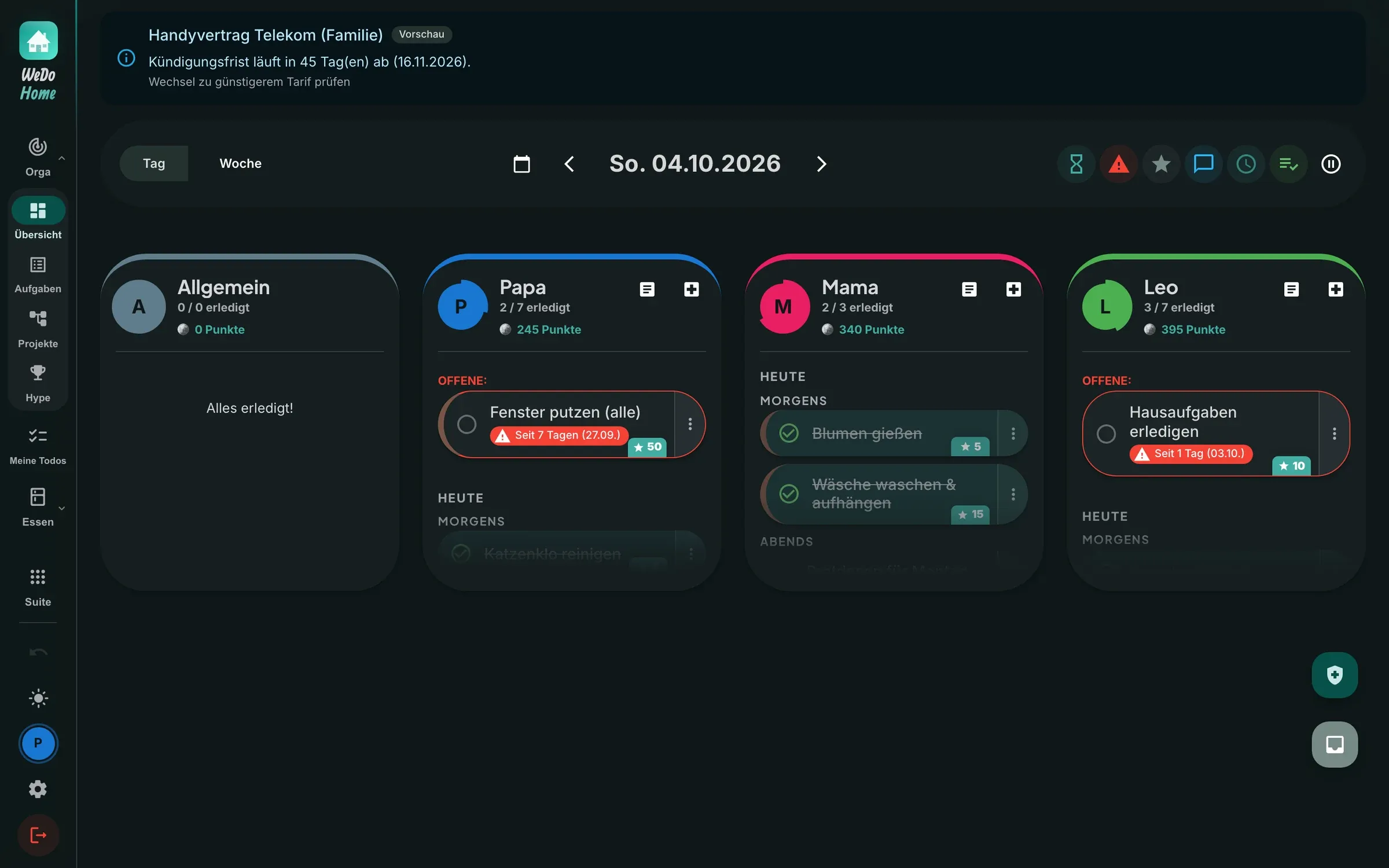 WeDoHome-Dashboard mit den Aufgaben der Familie
