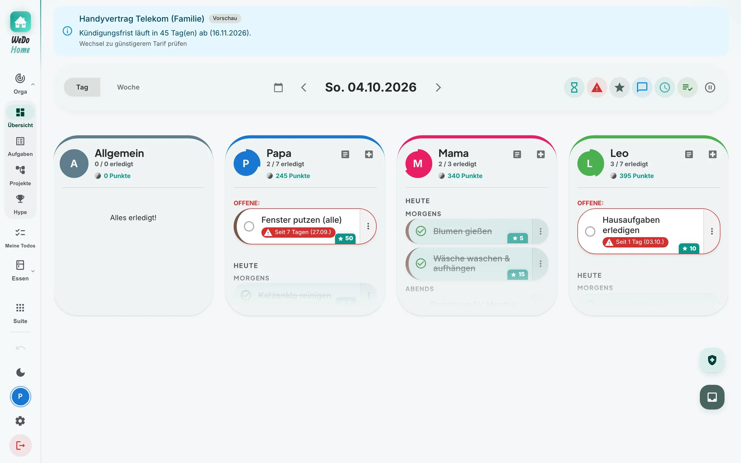 WeDoHome-Dashboard mit den Aufgaben der Familie