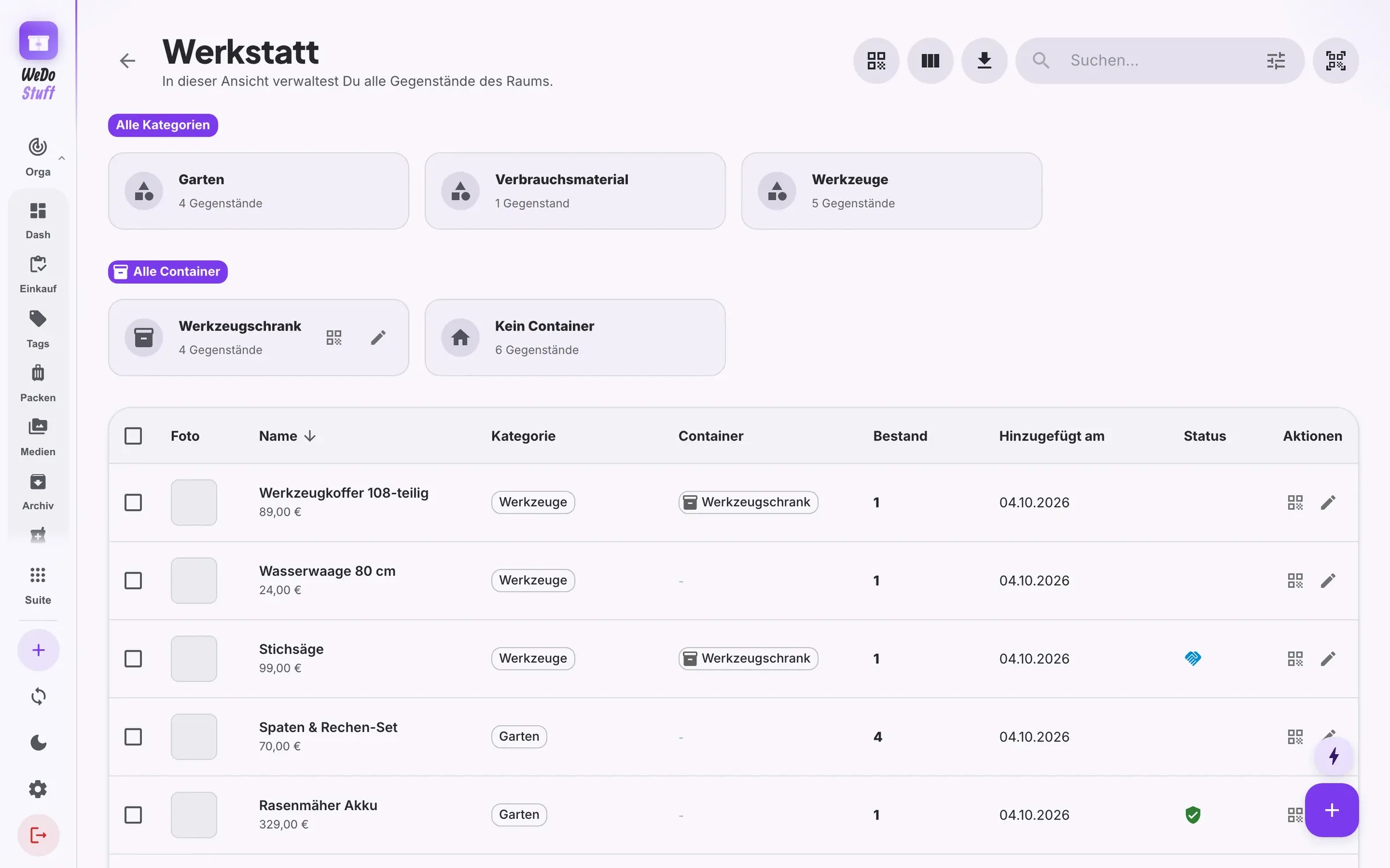 Raumansicht mit Gegenständen, Bestand und Status