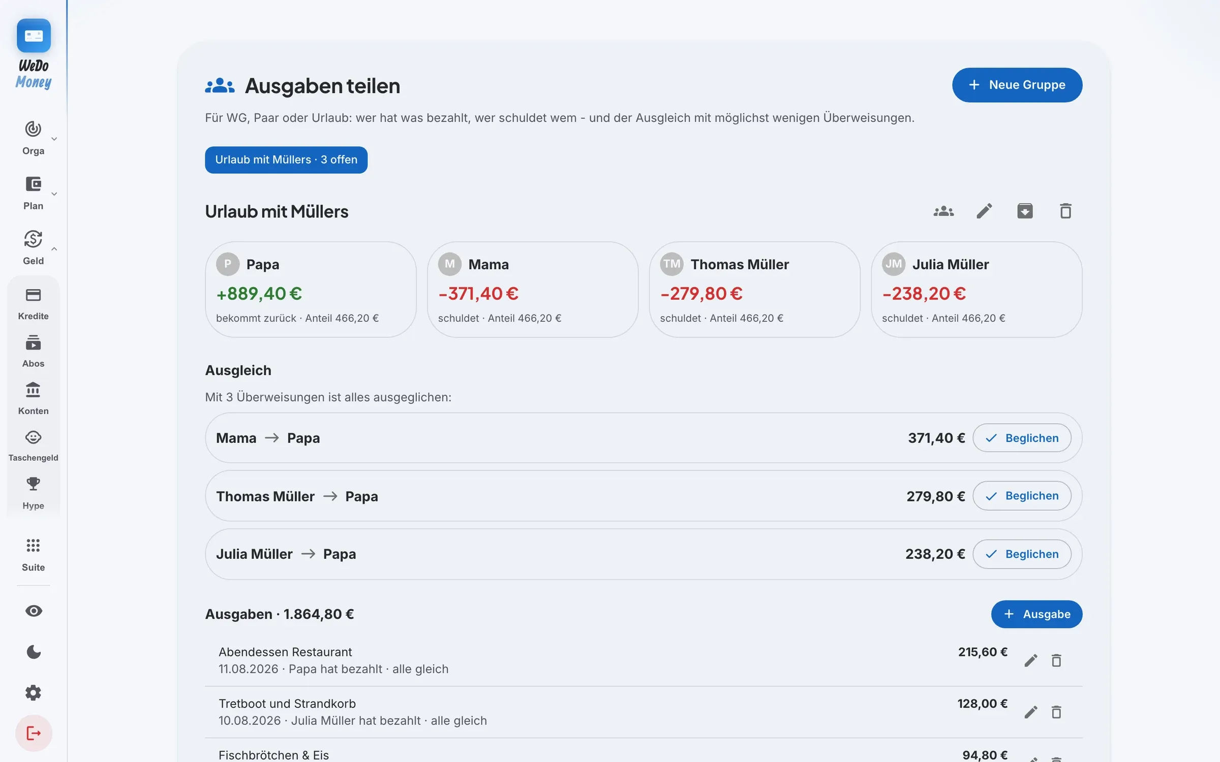 Ausgaben teilen in der Gruppe „Urlaub mit Müllers“